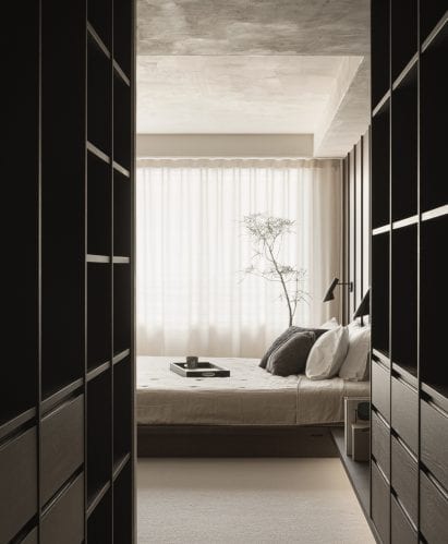 Bedroom storage cabinets in dark wood