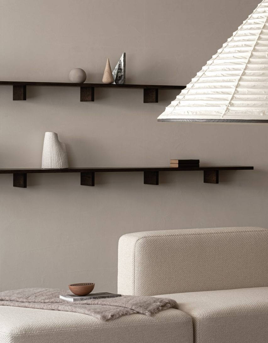 Wall shelves and white sofa