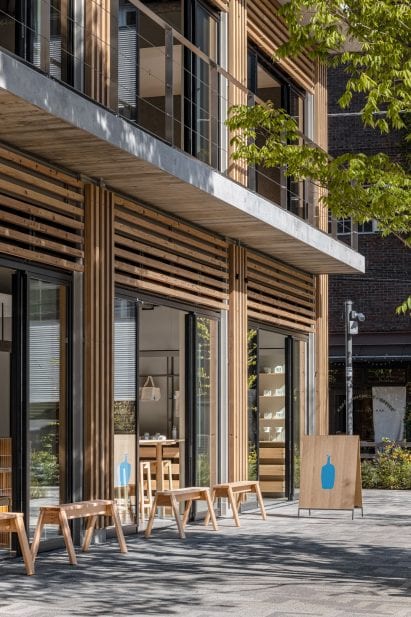 Timber-clad facade of Blue Bottle Coffee Shibuya
