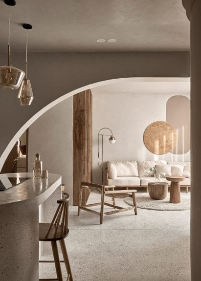 Wood and stone was used throughout the apartment