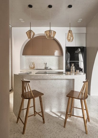 A kitchen island doubles as a breakfast bar at Brown Box