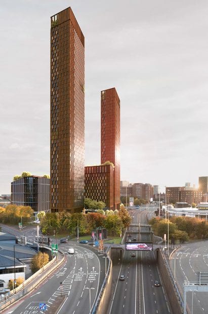 A visual of Corten steel-clad towers in Birmingham