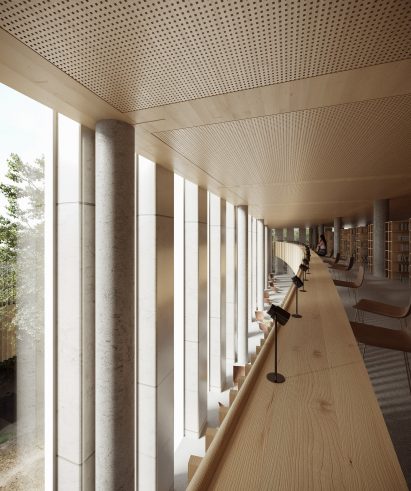 Quiet study area in wood-panelled library