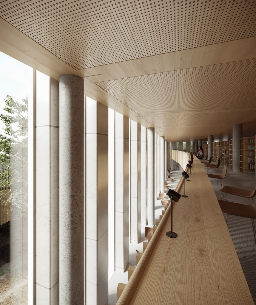 Quiet study area in wood-panelled library