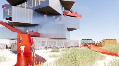 Red staircases around the Harbour Experience Centre