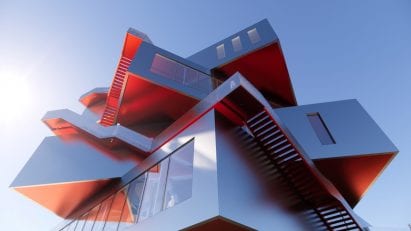 A visual of a building made of irregularly stacked boxes