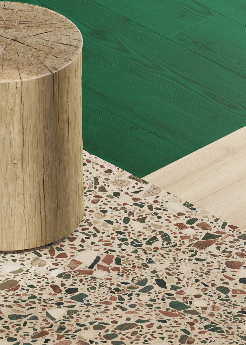 Wood- and terrazzo-like vinyl flooring