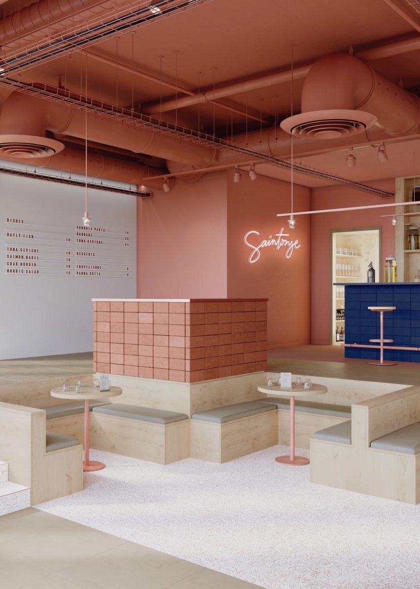 A restaurant interior with stone-like flooring