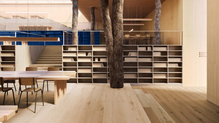 A library with wood-like vinyl flooring