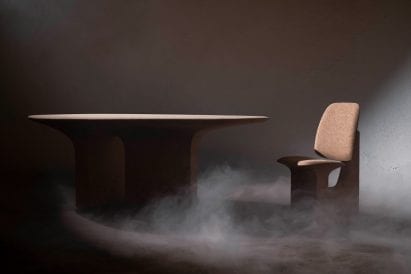 Cork table and chair in smoky room