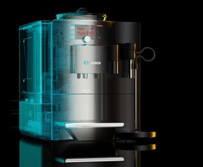 A wireframe render of a Bosch coffee machine