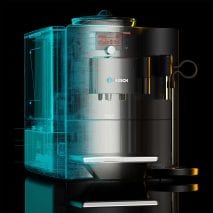 A wireframe render of a Bosch coffee machine