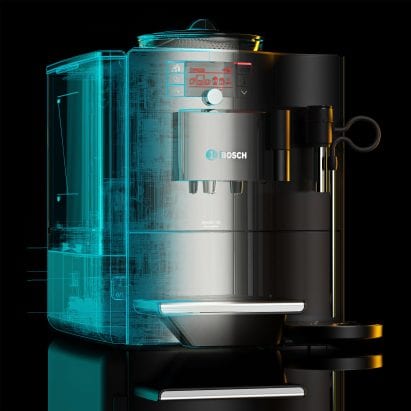 A wireframe render of a Bosch coffee machine