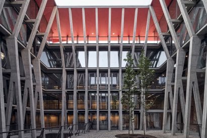 Courtyard of Interiors of Palacio Pereira in Santiago with concrete columns