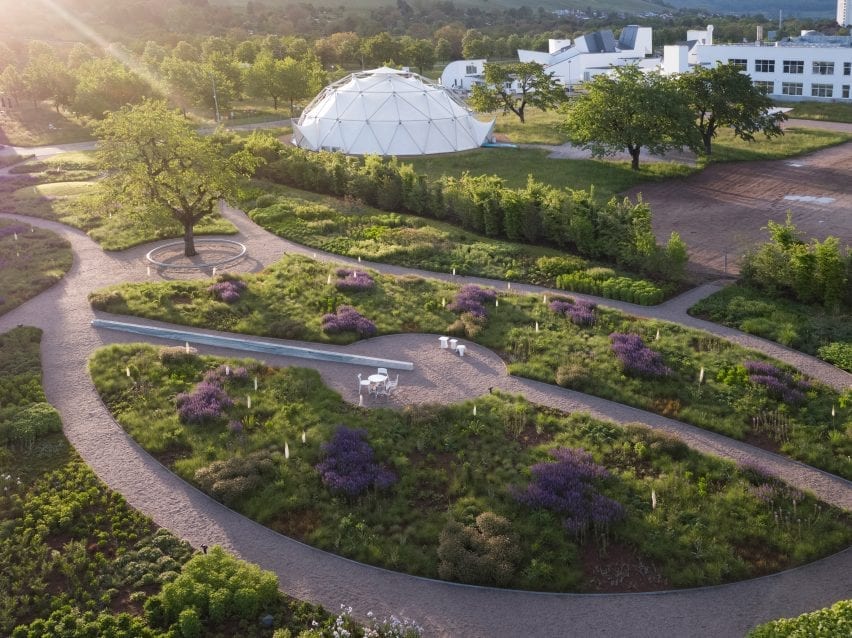 a geodesic dome is located in the gardens