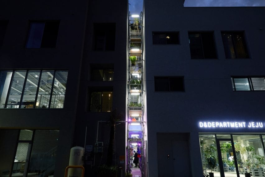 The exterior lights up at night