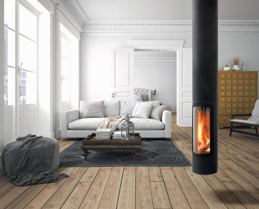 A suspended wood-burning fireplace