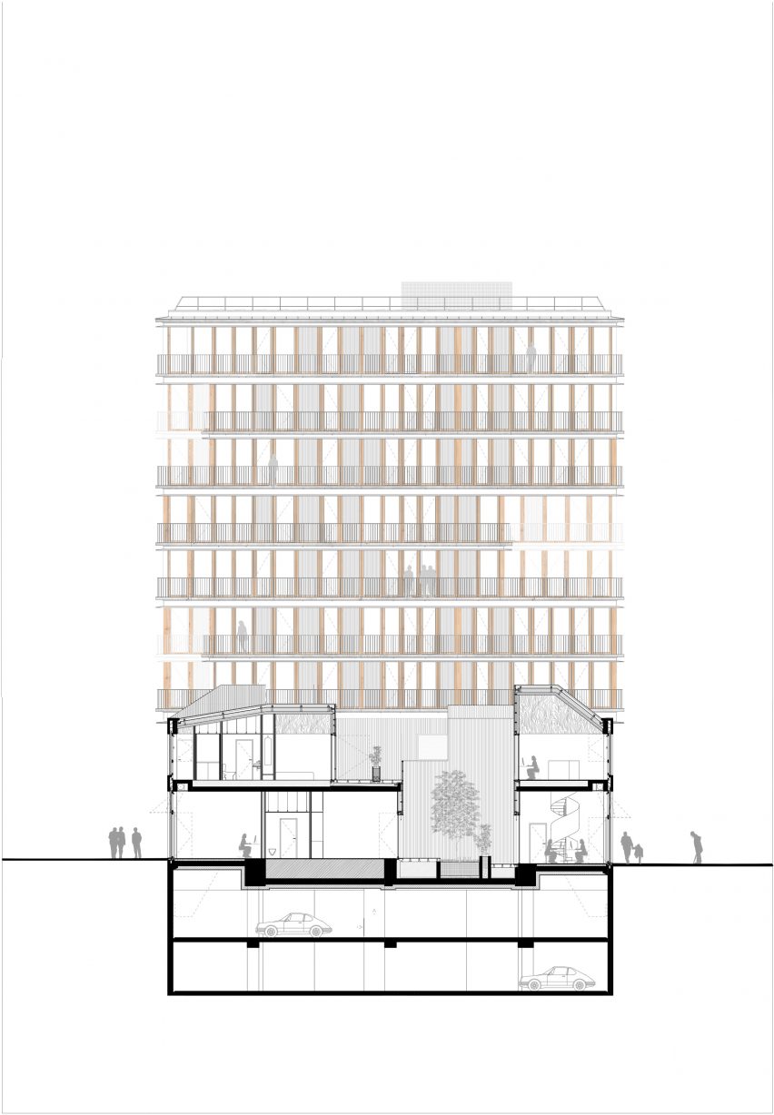 Section of a mixed-use development in Paris by Moussafir Architectes and Nicolas Hugoo Architecture