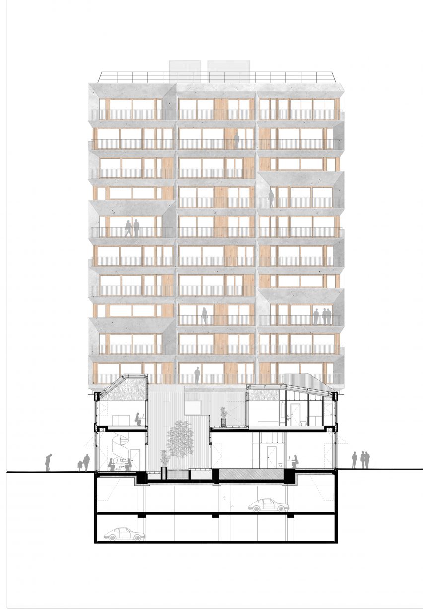 Section of a mixed-use development in Paris by Moussafir Architectes and Nicolas Hugoo Architecture