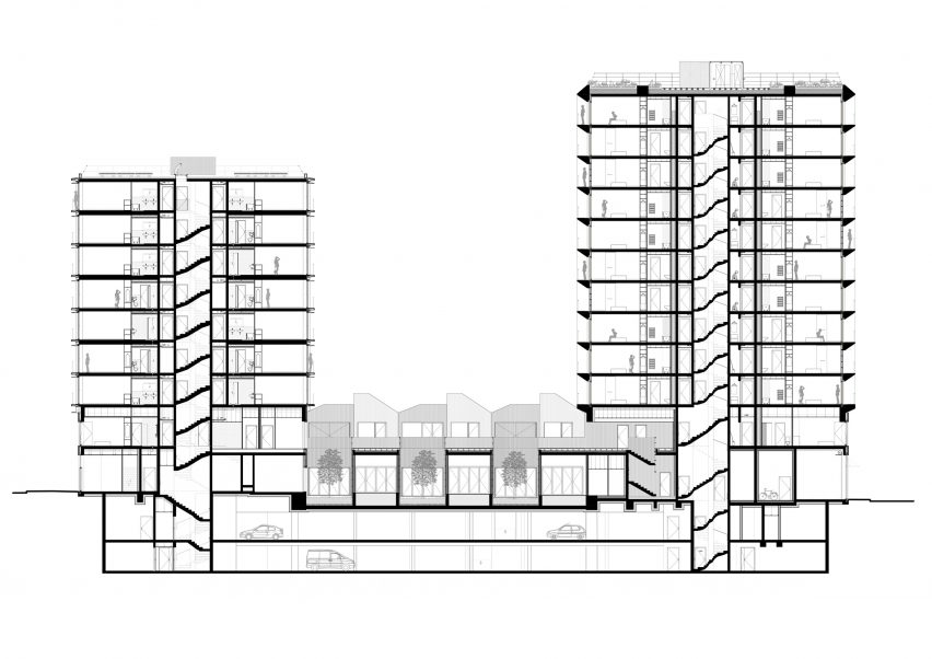 Section of a mixed-use development in Paris by Moussafir Architectes and Nicolas Hugoo Architecture