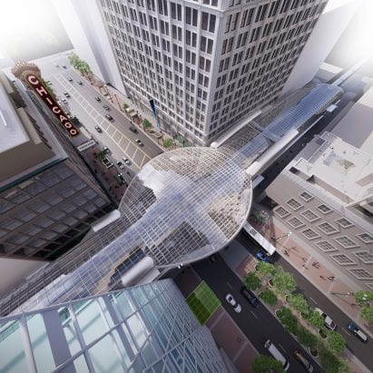Glass canopy over metro station redesign in Chicago