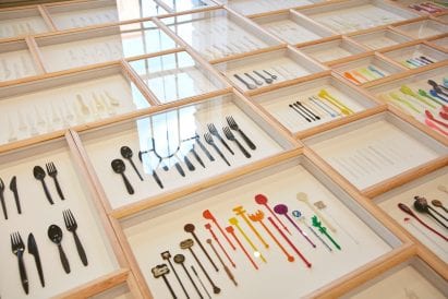 The installation includes a variety of plastic items
