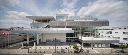 The exterior of The Sukagawa Community Center has a stacked design