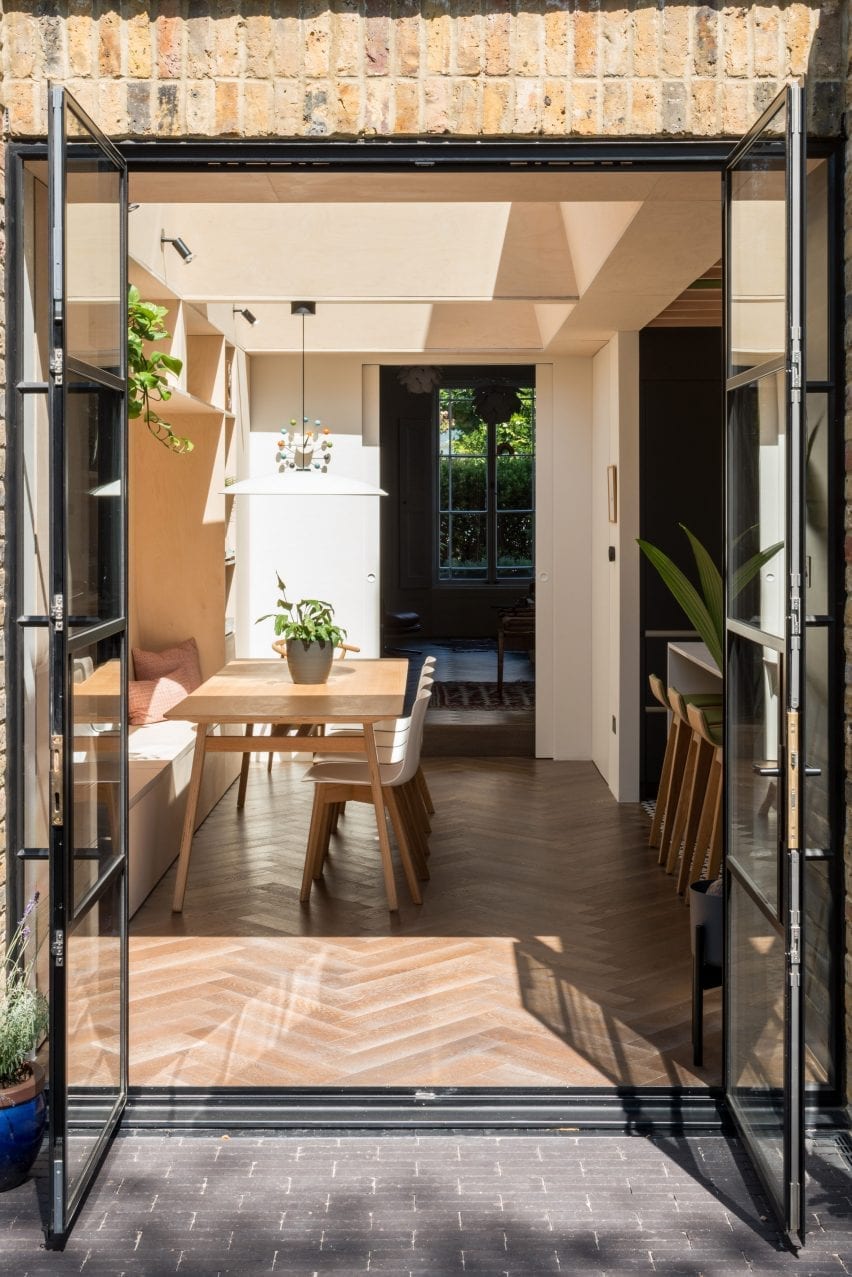 The dining area has wood floors