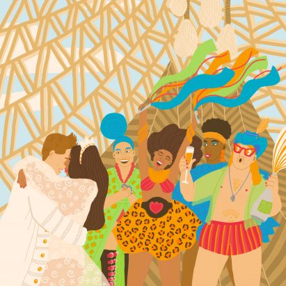 An illustration of people dancing at a wedding