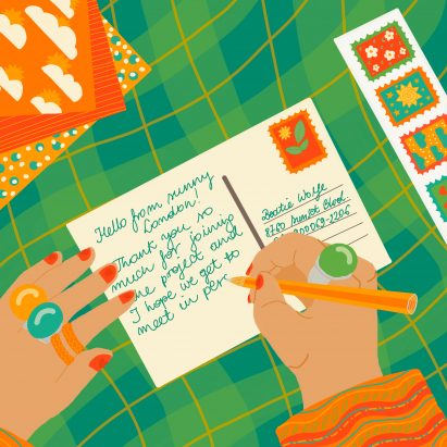 An illustration of someone writing a postcard
