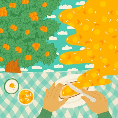 An illustration of a person spreading jam onto toast