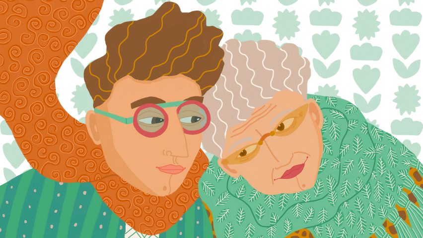 A coloured illustration of a man and elderly woman embracing