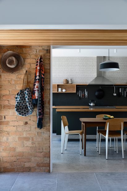 A kitchen has an open plan design