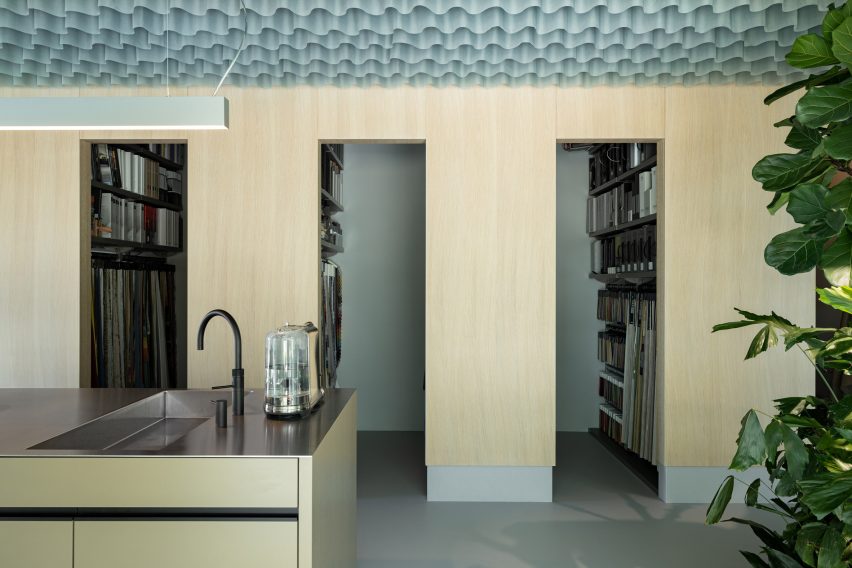 The kitchen has a wood finish