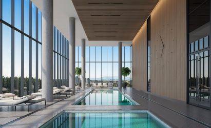 Swimming pool render of high rise residential building planned for British Columbia