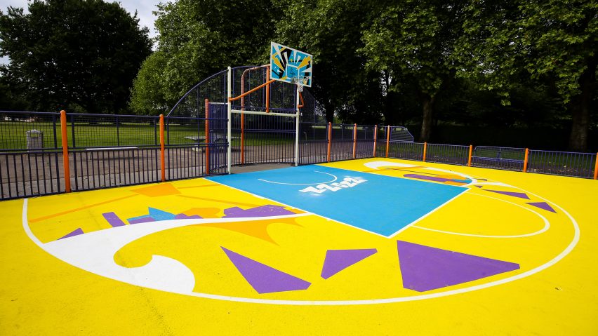 A multicoloured basketball court