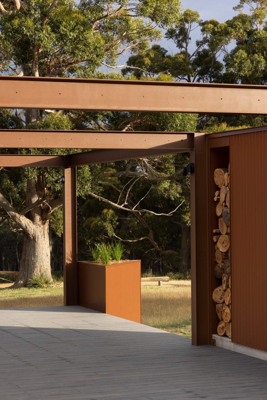 metal beams form a pergola