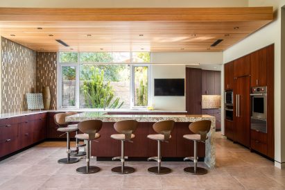 An earthy palette was used for the decor including the kitchen