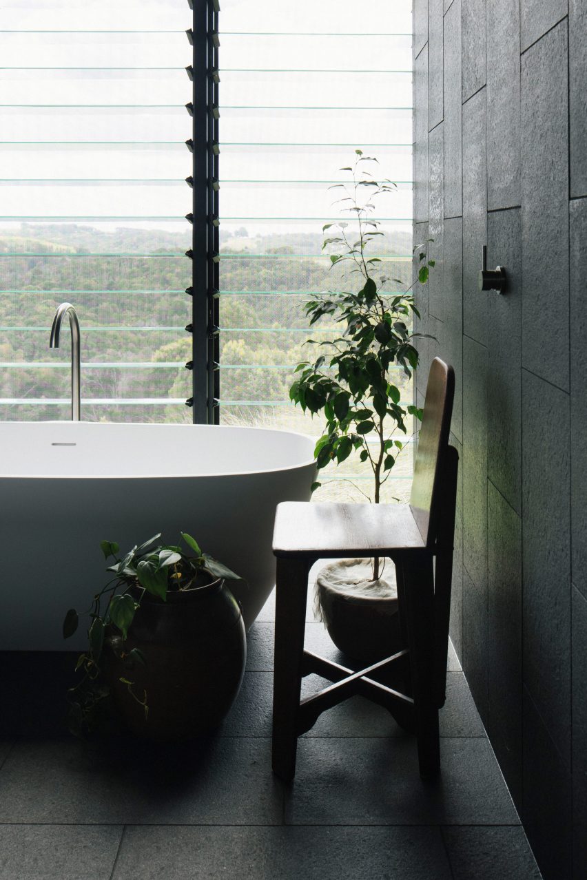 A bathroom with a freestanding tub