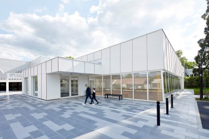 Pierre Chevet sports hall is clad in cement panels