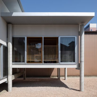 A Japanese house lifted on stilts