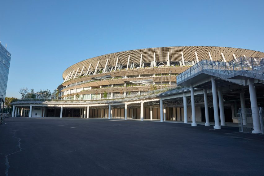 The wooden exterior of Japan National Stadium
