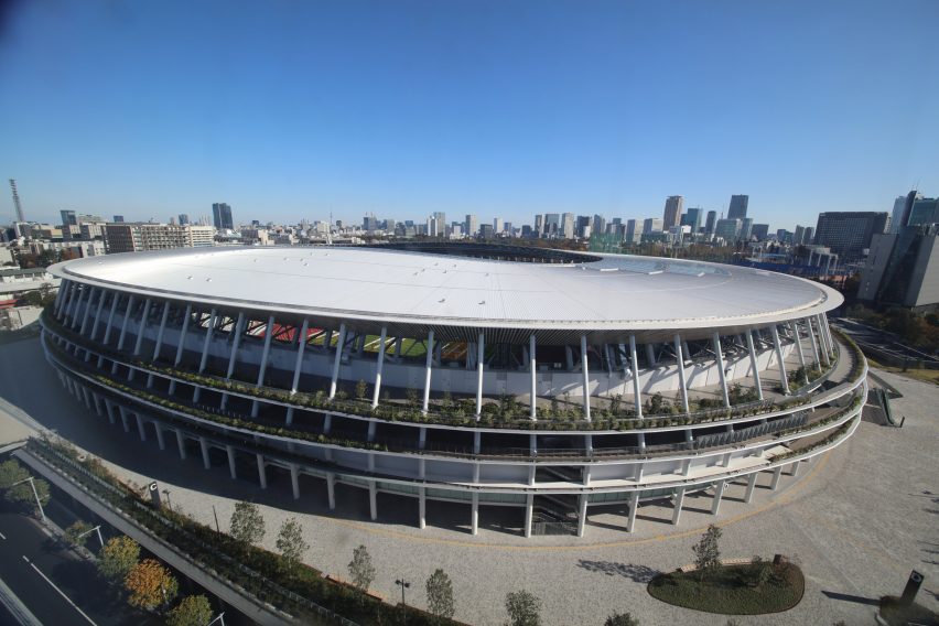 An aerial view of a oval-shaped stadium