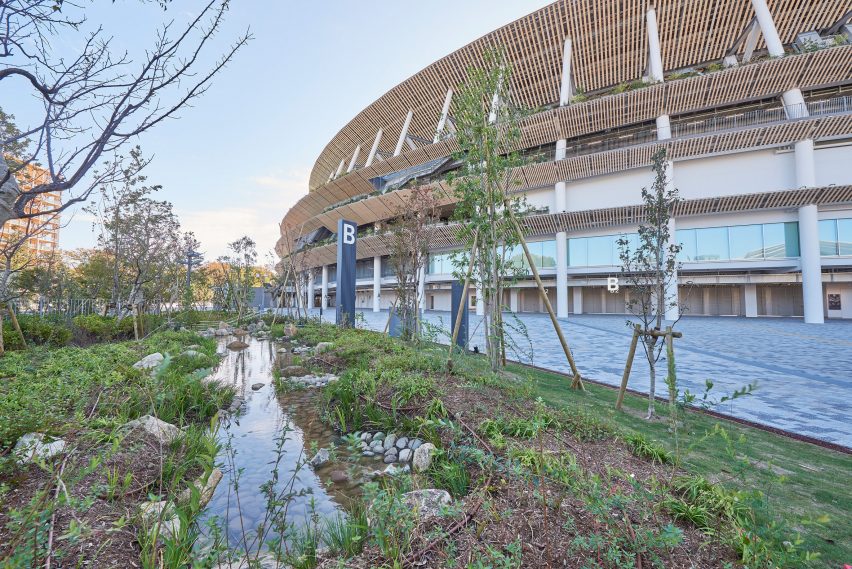 The wooden exterior of Japan National Stadium