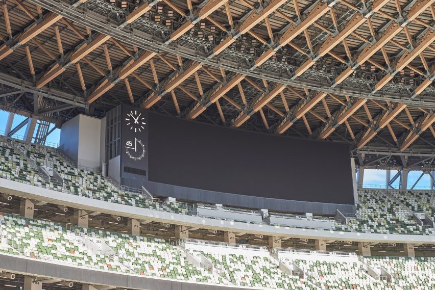 A exposed stadium roof structure