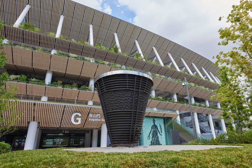 The wooden exterior of Japan National Stadium
