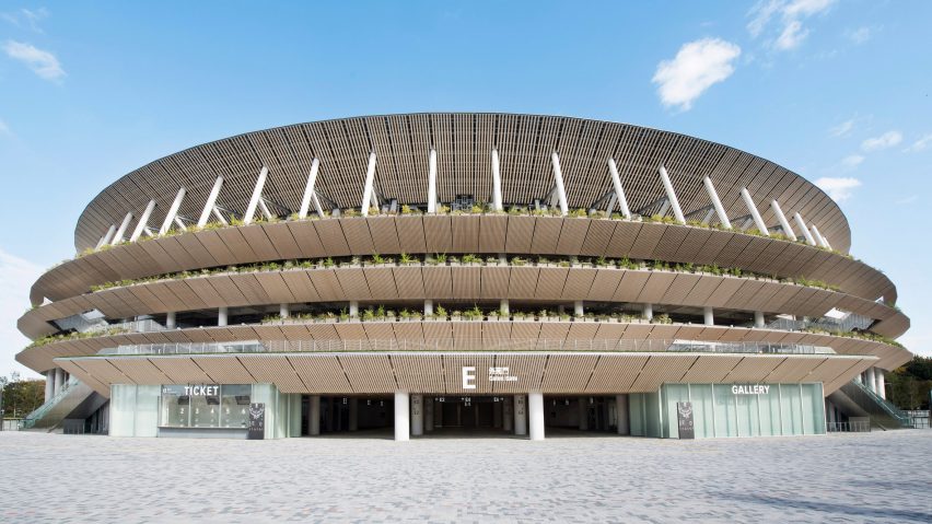 The wooden exterior of Japan National Stadium