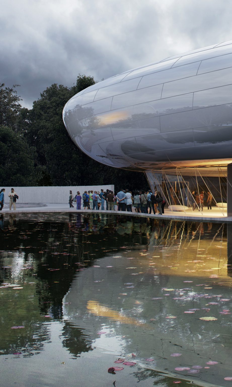 A pond reflects the building