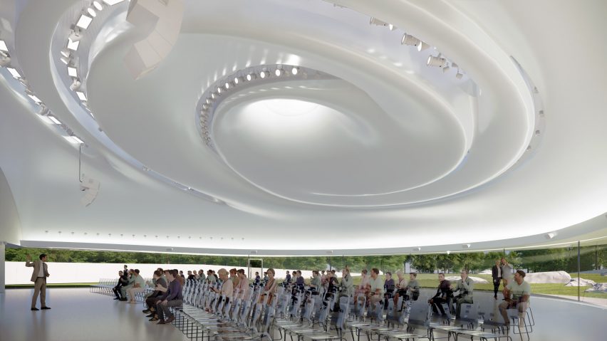 The ceiling has a swirled design