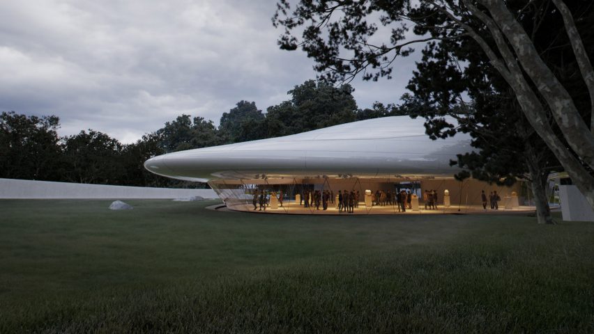 The building has an overhanging roof